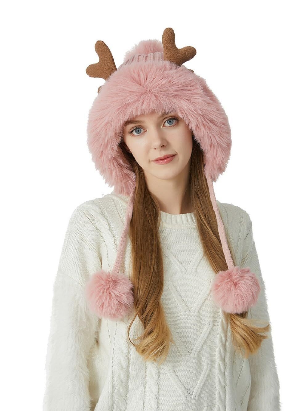 2293 Winter Warm Fluffy Knit Hooded Hat Cute Deer Antler Pompom Skull Cap